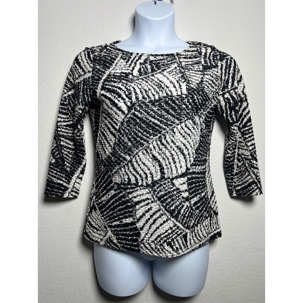 Ruby Rd Abstract Palm Top S Black White Womens Modern Textured 3/4 Sleeve Blouse